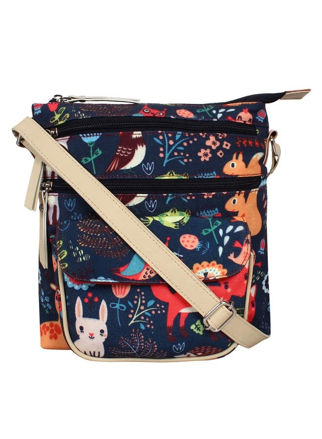 Anekaant Women's Modish Digital Printed Canvas PU Sling Bag Navy and Multi - Image 1